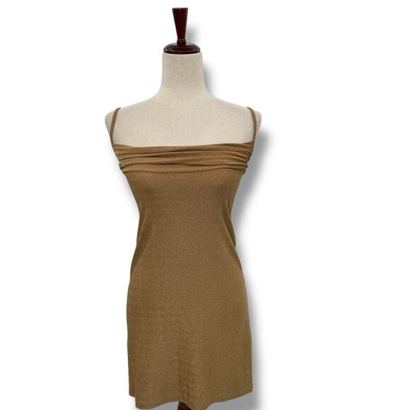 Karen Millen Gold Shimmer Mini Dress Size Small Draped Scoop Neck Stretchy Party - Picture 8 of 10